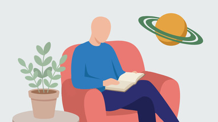 Minimalist illustration of person reading book in armchair with plant and Saturn © Colorgraph