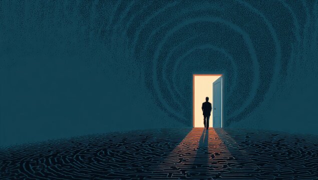 Silhouette walks towards bright doorway amidst a dark, swirling vortex and fingerprint-textured ground
