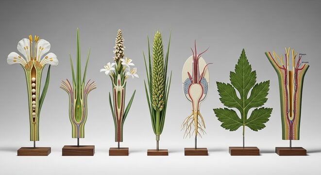 Seven anatomical botanical plant models showing internal structure cross sections