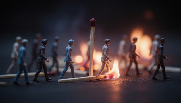 Miniature figures walk past a burning matchstick, symbolizing a precarious path forward.