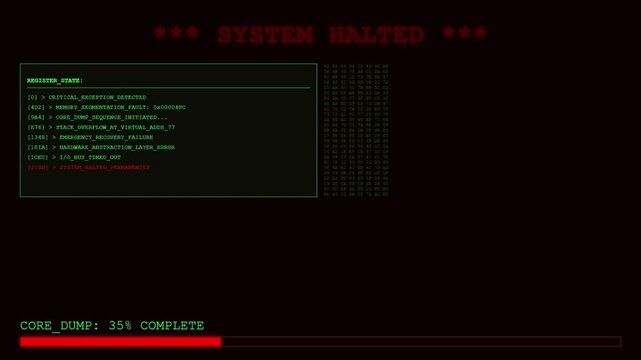 System Halted Red Error Screen with Critical Exception Core Dump and Register State Terminal Interface.