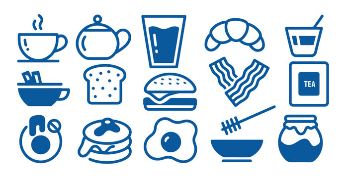 Food doodle breakfast icon set with coffee eggs and pancakes vector artwork for diner menu covers, tasty morning recipe concepts, takeaway packaging elements, and playful cafe branding materials.

