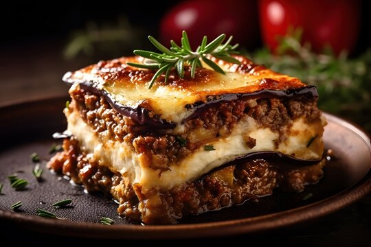 flavorful moussaka with eggplant and beef, Greek style, Generative AI