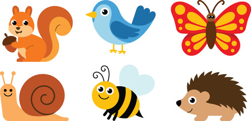 Fototapeta premium Cute Forest and Garden Animal Vector Set with Squirrel Blue Bird Butterfly Snail Bee and Hedgehog Icons for Children Illustration