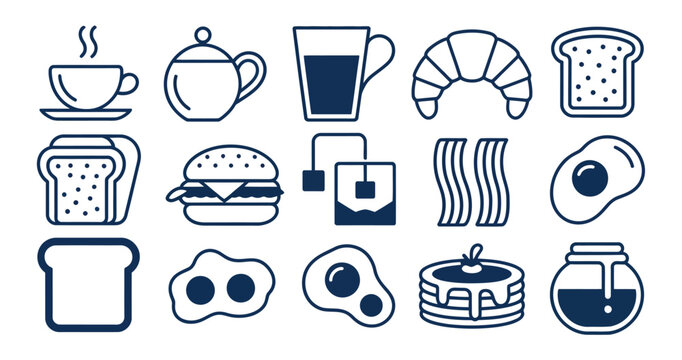 Food doodle breakfast icon set with coffee eggs and pancakes vector illustration for cafe menu decoration, brunch restaurant branding, kitchen packaging labels, and hand drawn morning meal designs.