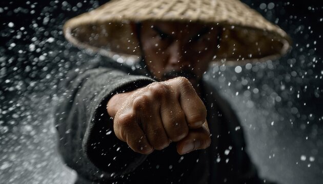 A close-up shot of a man wearing a traditional straw hat, poised in a fighting stance amidst a flurry of water droplets.