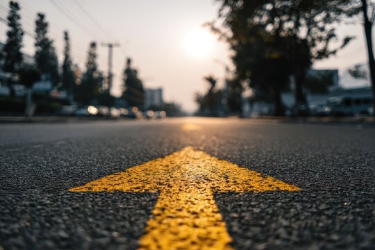 Sunlit arrow marking on asphalt road leading towards distant city skyline