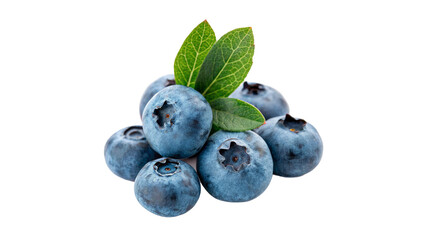 Pile of fresh organic blueberries with green leaves for healthy fruit and berry snacks isolated on transparent background © Arina