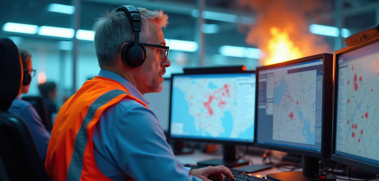 Operator in headset monitors maps on screens showing fires and emergencies. He works in a control center responding to urgent situations. Team members assist in background.