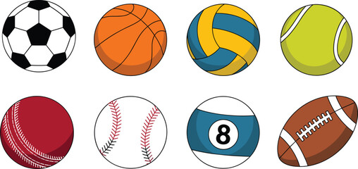 Fototapeta premium Sports Ball Vector Icon Set Featuring Soccer Basketball Volleyball Tennis Cricket Baseball Billiard and American Football Equipment for Athletic Competition and Games