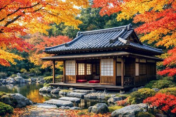 Fototapeta premium 色鮮やかな紅葉に囲まれた池のほとりに佇む伝統的な日本の家屋と美しい日本庭園の風景