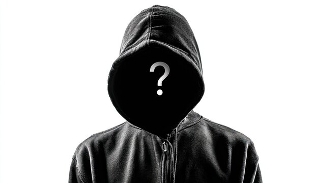 Anonymous figure in a hoodie with a question mark on their face