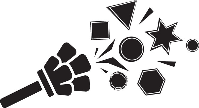 Black fist hitting geometric shapes, abstract explosion