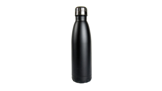 Modern matte black stainless steel thermal water bottle for fitness hydration and active lifestyle isolated on transparent background