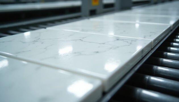 White marble-look tiles move on a factory conveyor. Shiny rectangular tiles have veining details. Industrial production line processes stone for construction.