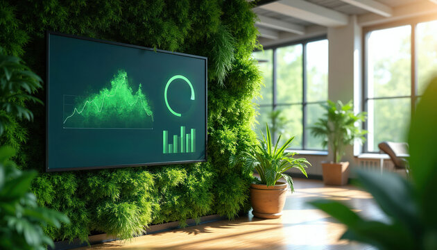 Digital screen displays green graphs and charts on a living plant wall. Eco office setting shows data analysis and environmental metrics for sustainability goals.