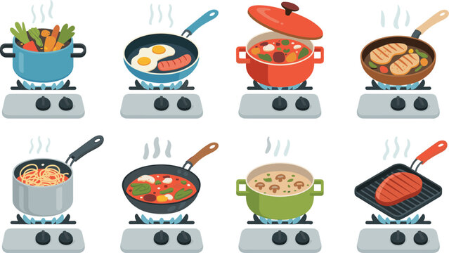 Kitchen Cooking Vector Icon Set Featuring Pots and Pans on Gas Stoves Preparing Soup Steak Eggs Pasta and Stew for Culinary Design