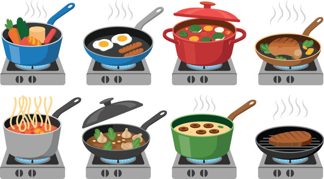 Kitchen Cooking Vector Icon Set Featuring Pots and Pans on Gas Stoves Preparing Soup Steak Eggs Pasta and Stew for Culinary Design