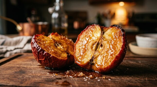 Roasted Caramelized Apple Halves on Wooden Board