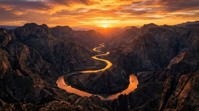 Dramatic Sunset Over Winding Mountain River Canyon