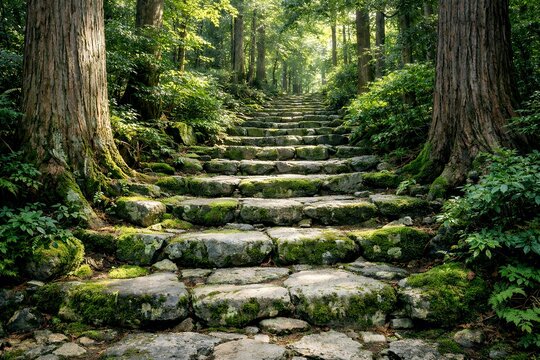 木漏れ日が降り注ぐ深い森の中に続く苔むした石段と大きな杉の木が美しい神秘的な風景