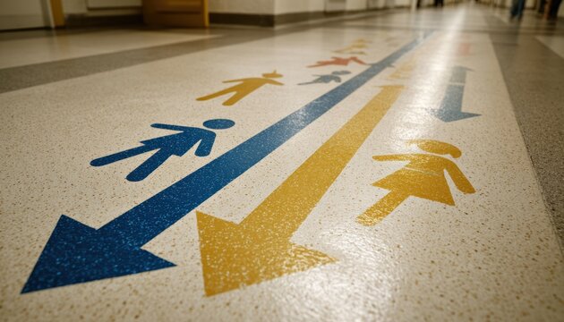Colorful directional arrows for children on floor with child icons in blue, yellow, and red