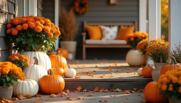 Front porch decorated for autumn with pumpkins and orange mums. A wooden bench with pillows sits on the porch. Fallen leaves scatter on the wooden stpic, creating a warm seasonal scene.