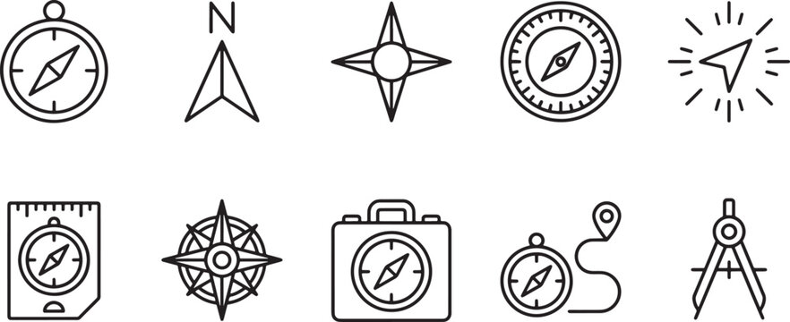 Set of ten black and white line icons featuring compasses navigation tools map pointers and travel equipment symbols for geography and outdoor adventure concepts Vector