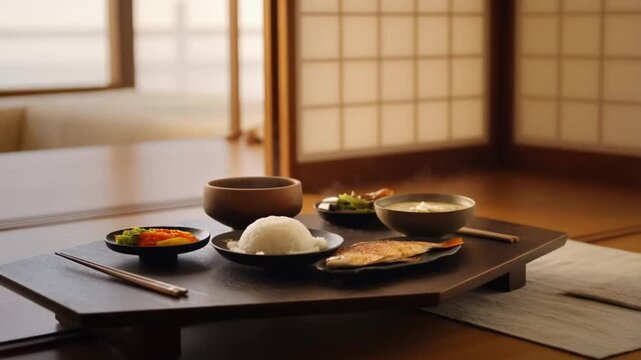 Traditional Japanese breakfast on low wooden table, rice, miso soup, grilled fish, pickles, soft light through shoji, minimalist morning ritual. Concept for authentic Japanese cuisine