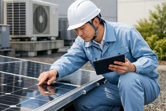 太陽光パネルの点検作業中にタブレット端末を確認しながら指差し確認をする作業服の男性