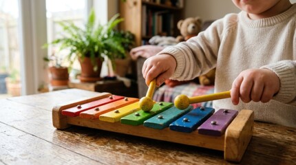 Fototapeta premium Close-up of Child Hands Playing Colorful Toy Xylophone