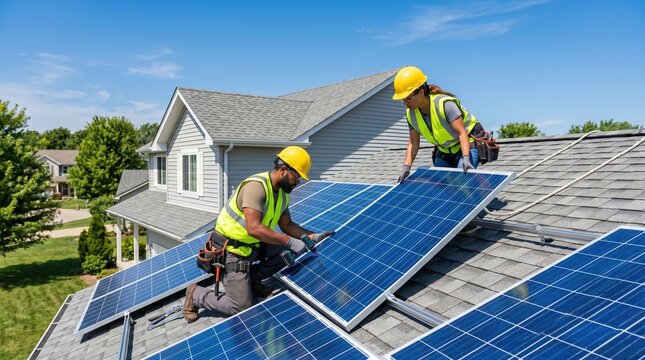 Professional installers working on residential solar panel array for sustainable home energy