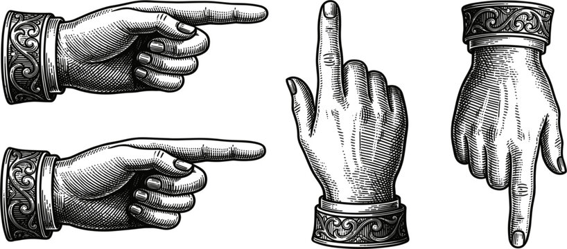 Vintage Engraved Human Hands Vector Collection Featuring Detailed Pointing Gestures with Ornate Victorian Style Cuffs and Antique Woodcut Illustrations for Retro Themed Designs