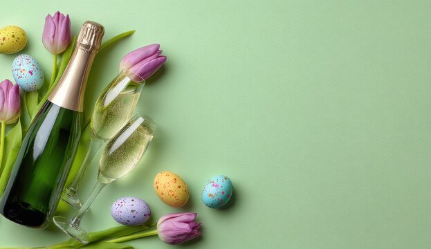 Easter and spring celebration with pink tulips, colorful easter eggs, and a champagne bottle on light green background