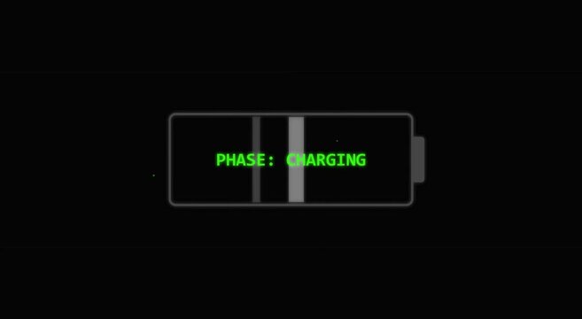 Digital battery charging phase indicator animation on black animation