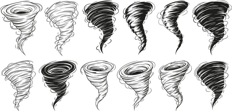 Tornado Icon Set in Black and Grayscale for Websites, Apps, and Digital Media
