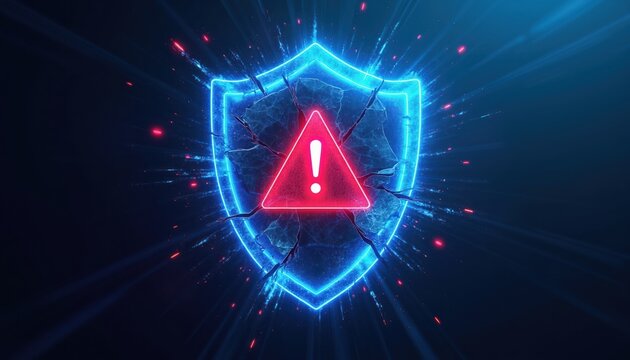 Glowing blue digital shield displays red warning alert icon. Broken defense symbol shows cyber attack threat, data vulnerability risk. Network security breach danger, system error, privacy loss.