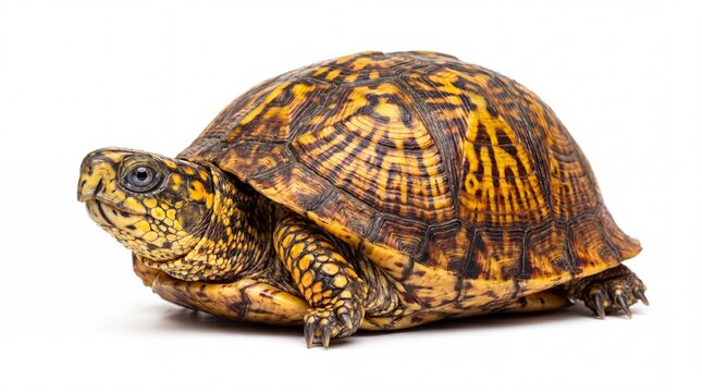 Detailed studio photo of an eastern box turtle standing alone in a bright clean on white background