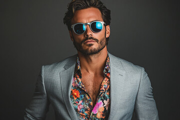 Obraz premium A stylish man wears a grey suit, floral shirt, and mirrored sunglasses in a clean portrait. Modern menswear, confidence, and editorial fashion define the polished look.