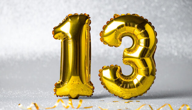 Golden balloon number 13 on shimmering silver glitter background, elegant anniversary celebration mood, clean festive composition.