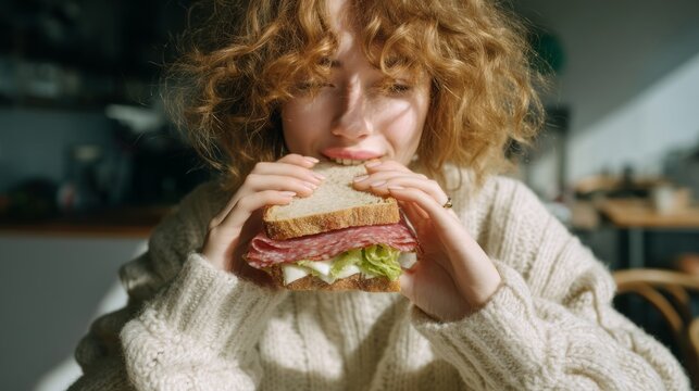 Bright sunlight bathes a young individual with curly hair as they prepare to take a big bite of a delicious sandwich. The cozy indoor atmosphere invites joy and comfort