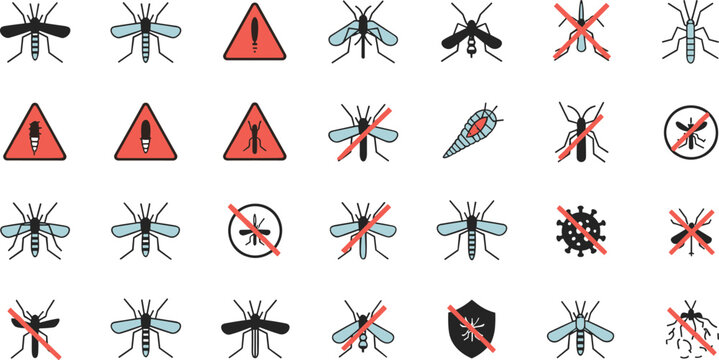 Mosquito control icon set with warning signs parasite virus protection and anti insect symbols vector illustration