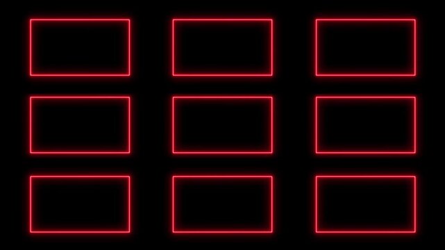 Neon grid of nine red rectangular frames glowing against black background