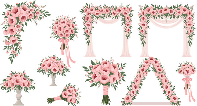 Wedding floral arrangement set with pink peony bouquets wedding arch frames and greenery branches vector illustration
