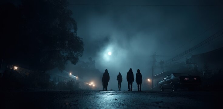 Five hooded individuals standing together on a dark, misty street at night with cloudy sky and moonlight