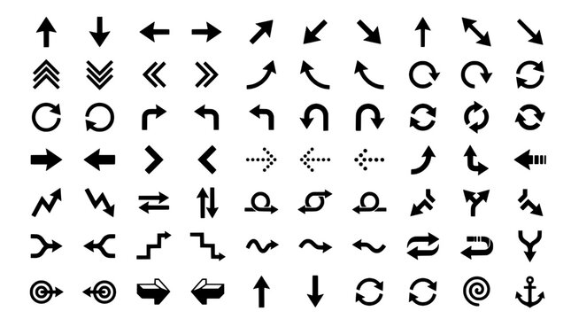 Arrows navigation set with thick black line icons, curving directions and return symbols for UI and signage