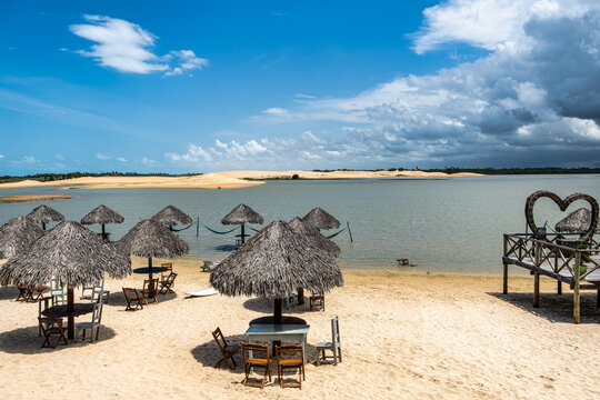 Straw huts on the banks of the Torta Lagoon, Tatajuba Beach at Jijoca de Jericoacoara, Ceara in Brazil