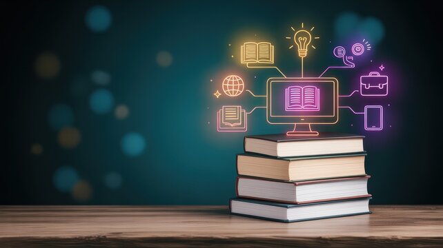 Conceptual image representing digital education and e-learning with glowing neon icons and a stack of books on a wooden surface against a dark bokeh background