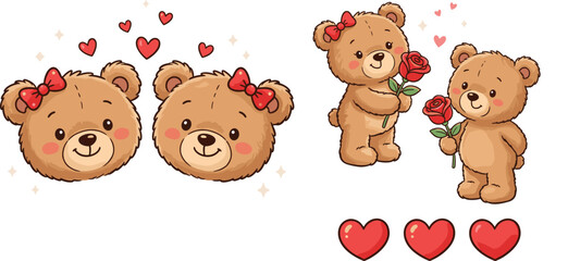Cute Teddy Bear Couple Character Set with Red Hearts and Roses for Romantic Valentines Day Greetings Nursery Art and Wedding Anniversary Vector Designs © Lipi