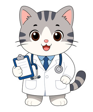 Cute cartoon cat doctor holding clipboard and wearing stethoscope. Fun medical mascot illustration for healthcare, clinic, hospital, and kids content.
